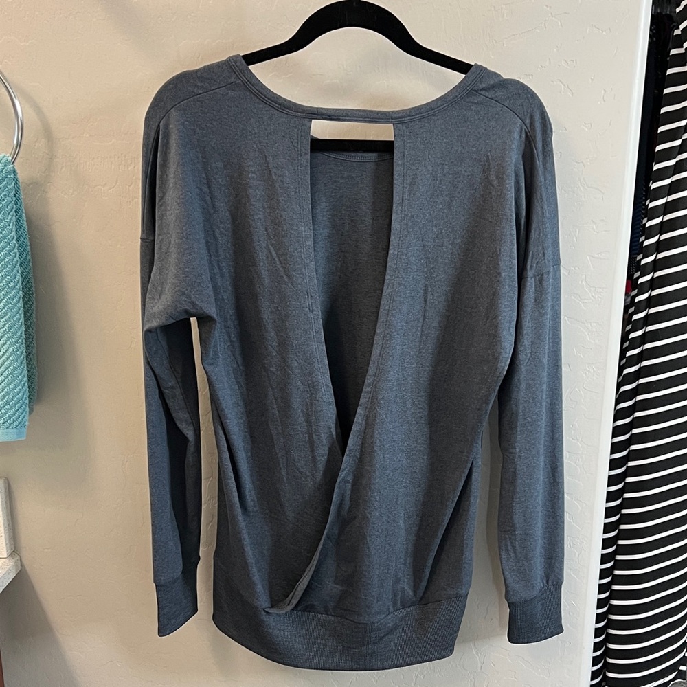 Marika M open back top dark gray blue color. yoga/pilates